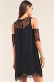 Black Cold Shoulder Lace Trim Back Button Up Mini Dress