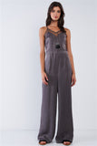 Dark Olive Chic Satin Sleeveless Mesh Hem V-neck Wide Leg Jumpsuit