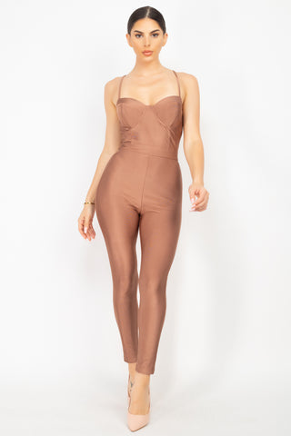 Solid Skinny Cinched Sweetheart Jumpsuit