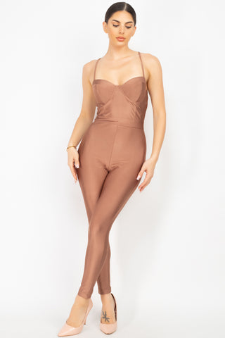 Solid Skinny Cinched Sweetheart Jumpsuit