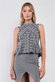 Charcoal Grey Damask-inspired Geometric Pattern Print Sleeveless Mock Neck Fit & Flare Top