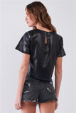 Black Vegan Leather Laser Cut Round Neck Wide Short Sleeve Cropped Top