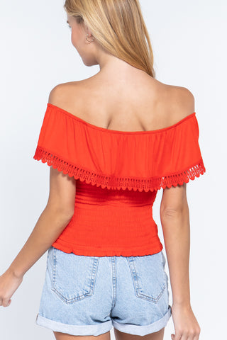 Off Shoulder W/lace Smocked Top