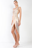 Gold Iridescent V-neck Wrap Gathered Deep Side Slit Different Straps Maxi Dress