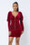 Soft Velvet Pleated Puff Sleeve Low V Neck Front And Back Mini Dress