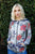 Navy Rust Flower Print Zip-up Contrast Striped Hood Sweater