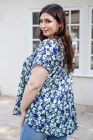 Plus Flower Print V-neck Short Sleeve Top