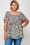 Plus Size Floral Check Printed Rayon Challis Square Neck Fashion Top