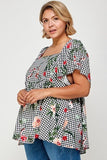 Plus Size Floral Check Printed Rayon Challis Square Neck Fashion Top