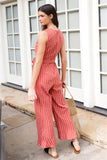 Rust Striped V-neck Self-tie Belt Flare Hem Wide Leg Jumpsuit