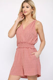 Textured Woven And Smocking Waist Romper With Back Open And Tie