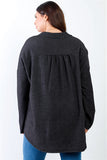 Plus Black Ribbed Collared Button Up Shirt Top