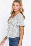 Ruffle Slv W/back Tie Print Woven Top