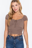 Short Sleeve Front Tie Ruched Detail Woven Top