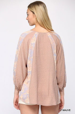 Solid Crinkle And Print Mix Raglan Sleeve Top With Tassel Tie