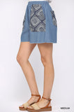 Denim And Print Pockets Elastic Waist Shorts With Raw Hem