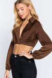 Long Sleeve Notched Collar Front Twisted Detail Crop Woven Top