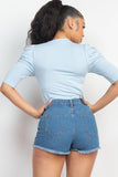 Round Neck Puff Ruched Sleeve Top