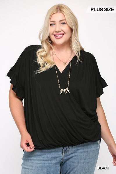 Solid Viscose Knit Surplice Top With Ruffle Sleeve