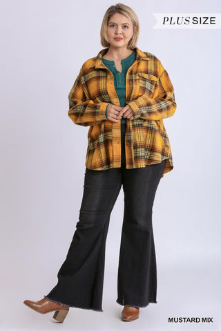 Plaid Collar Button Down Overshirt With Front Pockets