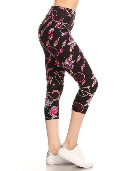 Yoga Style Banded Lined Dreamcatchers Printed Knit Capri Legging With High Waist.