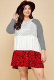 Plus Size Cute Polka Dot And Animal Print Contrast Swing Tiered Dress