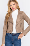 Long Slv Biker Faux Suede Short Jacket