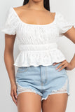 Puff Sleeve Eyelet Peplum Top