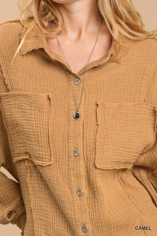 Mineral wash button down top with high low hem