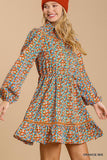 Collared neckline button down floral print dress with crochet trimmed details