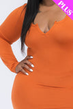 Plus Size Split Neck Long Sleeve Midi Dress