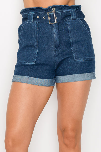 Belted Paperbag Denim Shorts