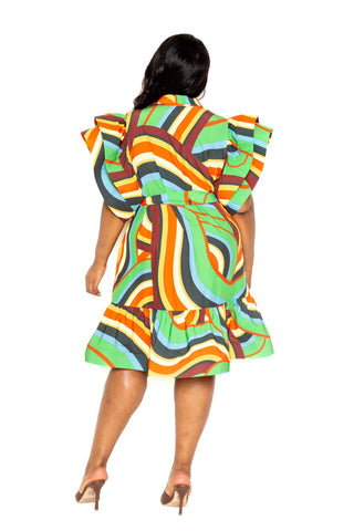 Printed ruffle sleeve shirt dress with belt