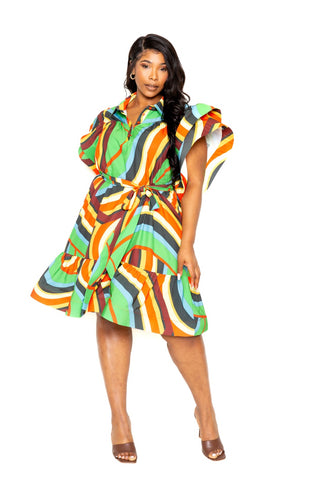 Printed ruffle sleeve shirt dress with belt