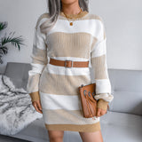 Striped Dropped Shoulder Long Sleeve Sweater Dress (Belt Not Included)