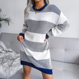 Striped Dropped Shoulder Long Sleeve Sweater Dress (Belt Not Included)